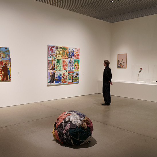 A person looking at art on the wall inside ARoS Museum