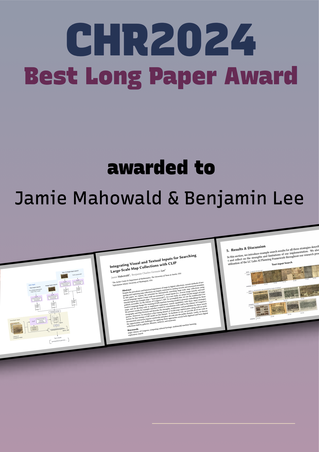 Certificate for best long paper award, awarded to Jamie Mahowald and Benjamin Lee